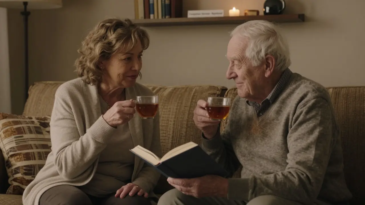 An elderly man and a 58-year-old female companion sharing tea and a book in a quiet, warmly lit living room.
