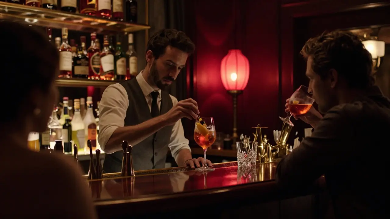 An intimate bar inside Hôtel de Paris where a bartender pours a signature cocktail in soft light.