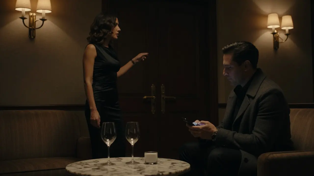 An intimate moment in a private lounge, two figures in shadow, conveying trust and unspoken boundaries.