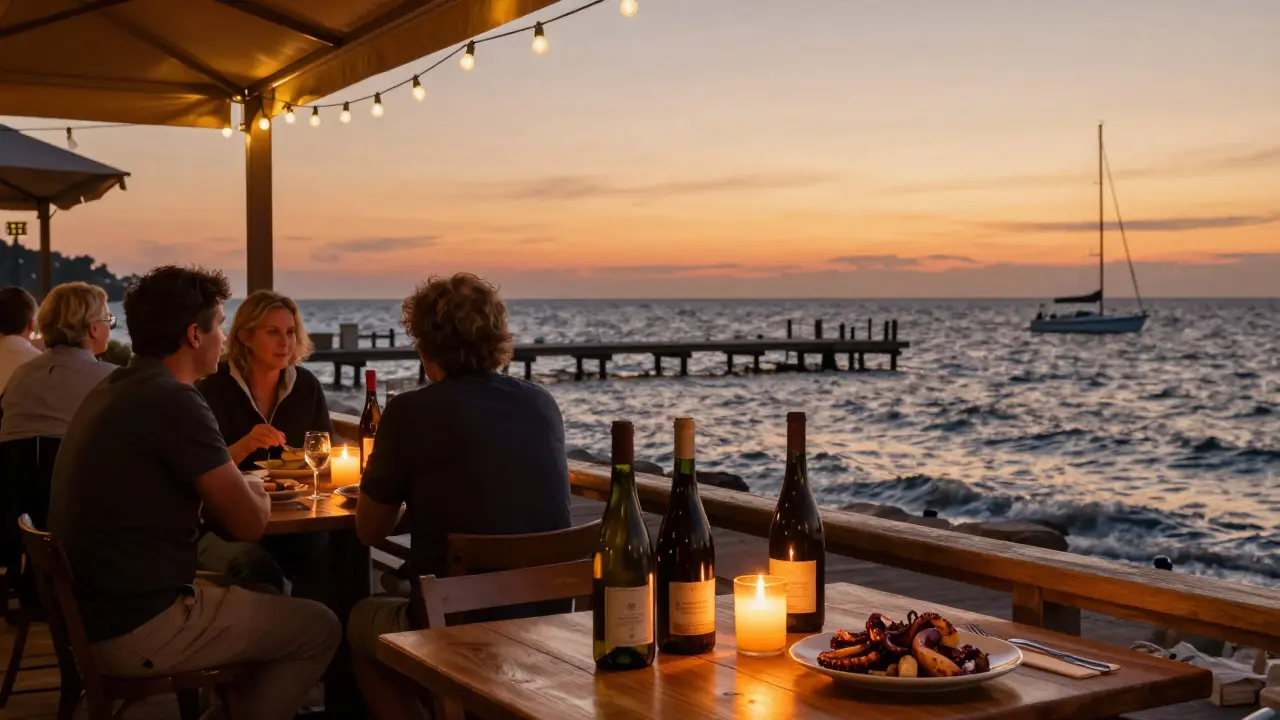 Candlelit waterfront bar with locals enjoying wine and seafood at dusk.