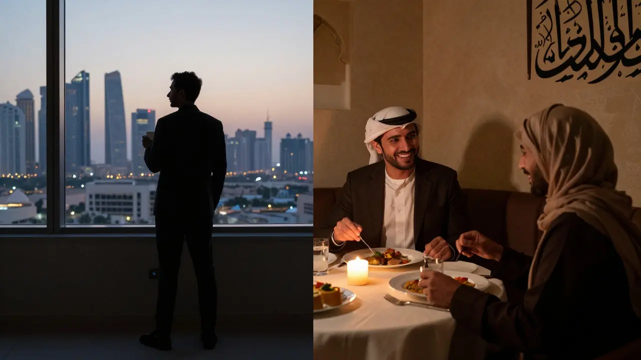 Contrasting scenes of a lonely businessman at dawn and him finding comfort through companionship in a hotel dining nook at night.