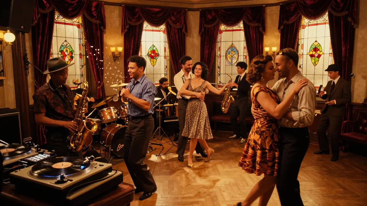 Couples dancing on a wooden floor at a jazz club with a vinyl DJ and warm ambient lighting.
