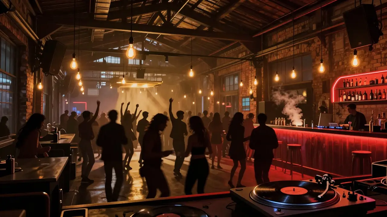 Crowd dancing in a converted railway station nightclub with industrial lighting and vinyl records spinning at the DJ booth.