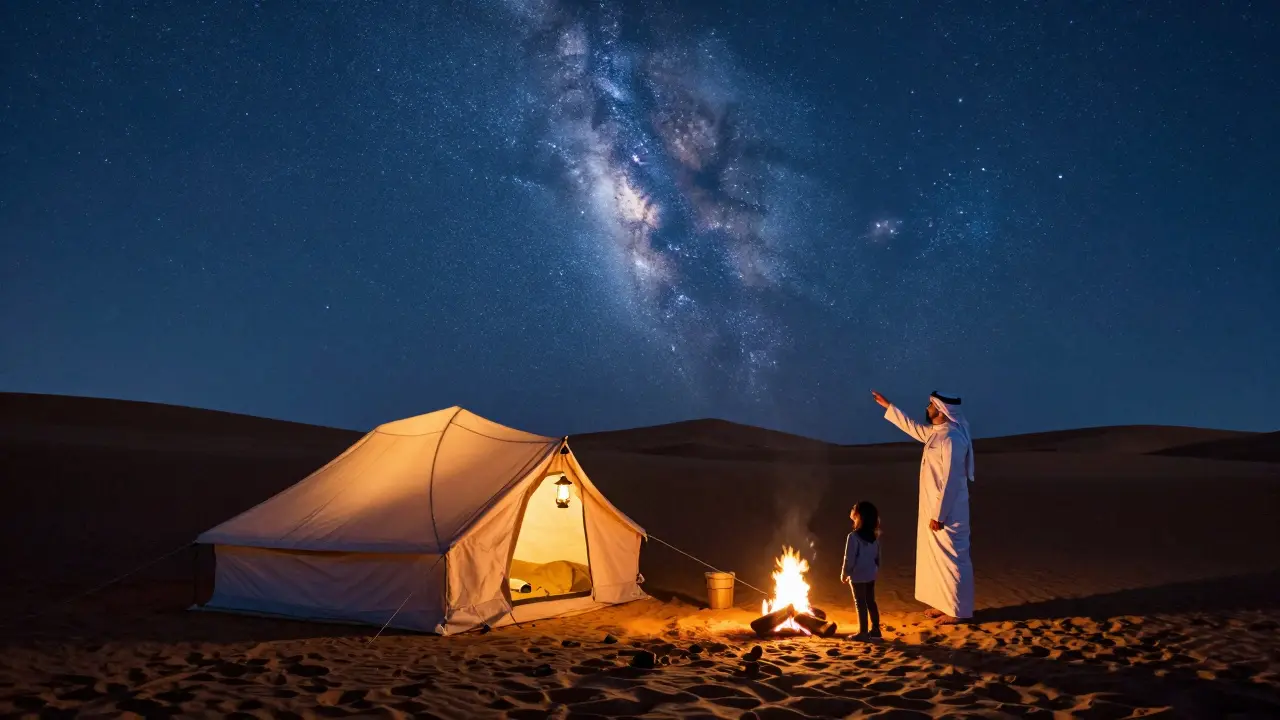Desert tent under a star-filled sky, firelight glowing softly beside a lone observer gazing upward.