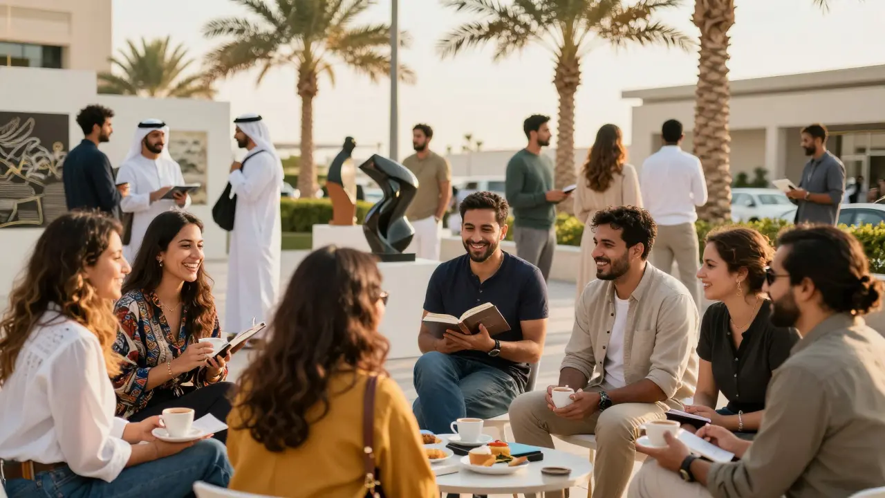 Diverse group of people socializing at an outdoor art event in Abu Dhabi during golden hour.