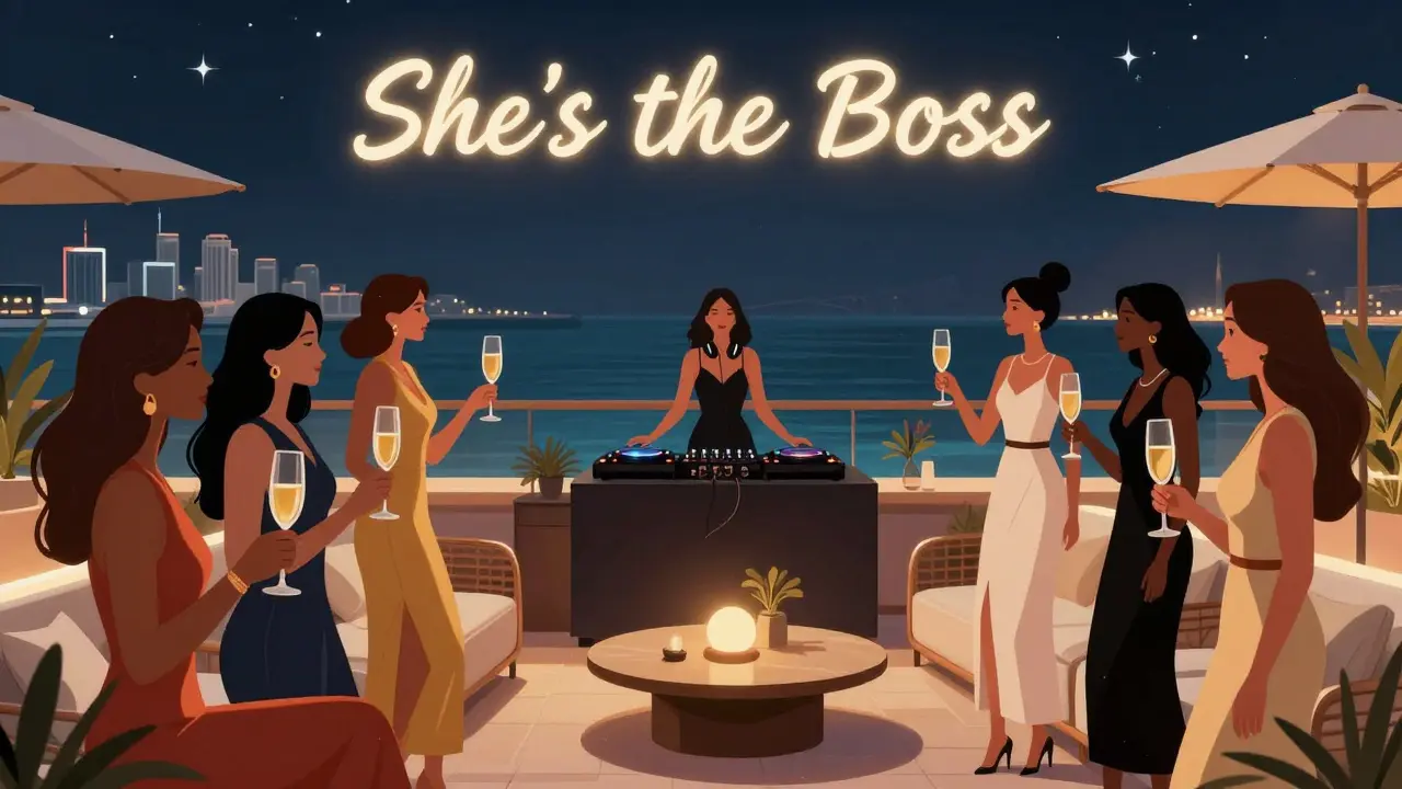 Diverse group of women celebrating at W Dubai's rooftop lounge with a female DJ and ocean backdrop.