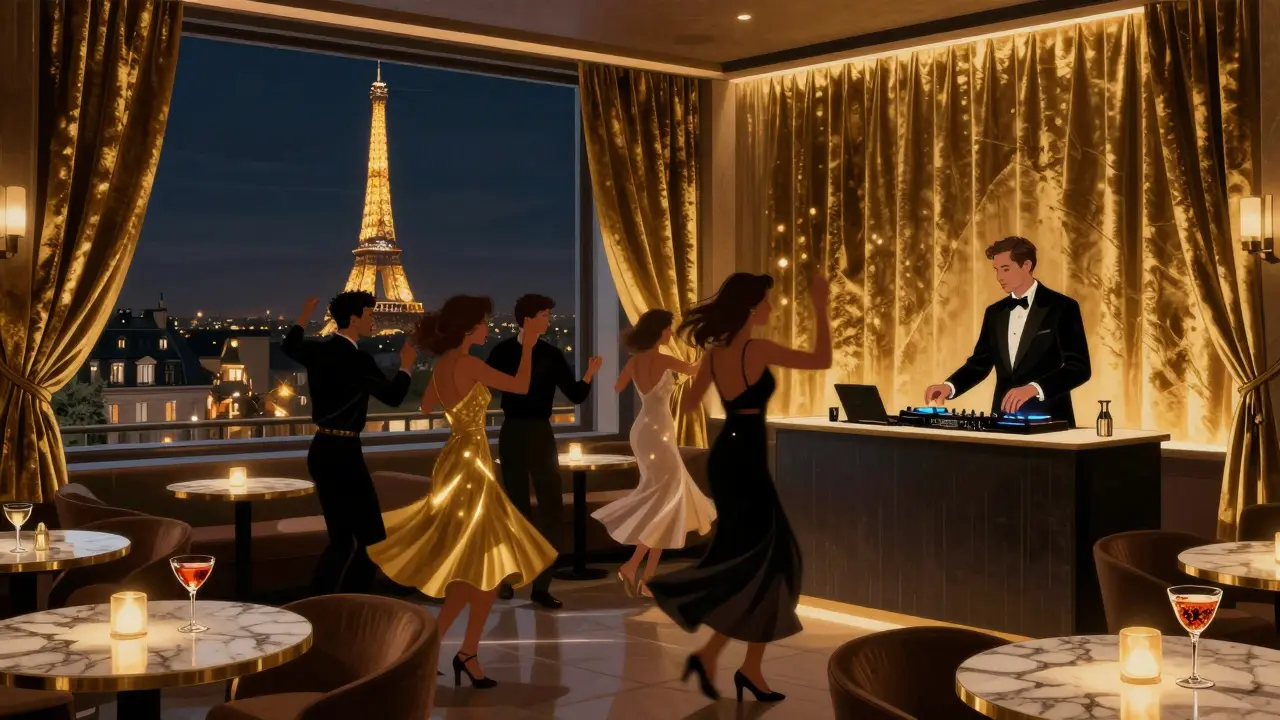 Elegant crowd dancing on a rooftop lounge with golden lights and the Eiffel Tower in the distance.