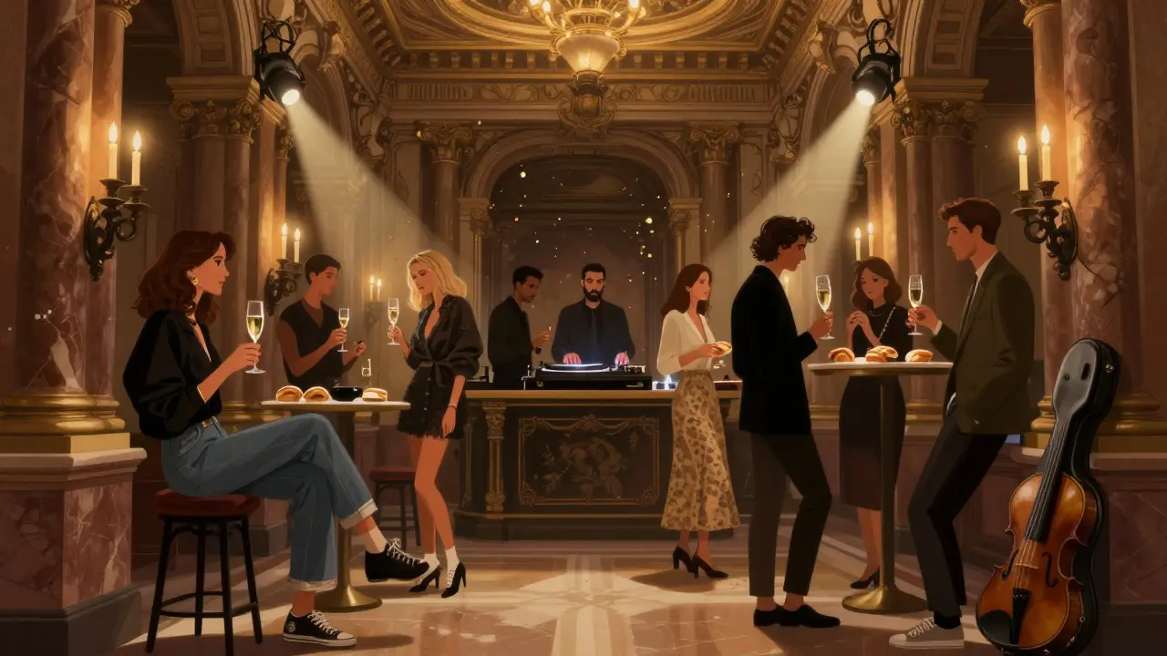 Elegant guests sipping champagne in La Scala's candlelit foyer after an opera performance.