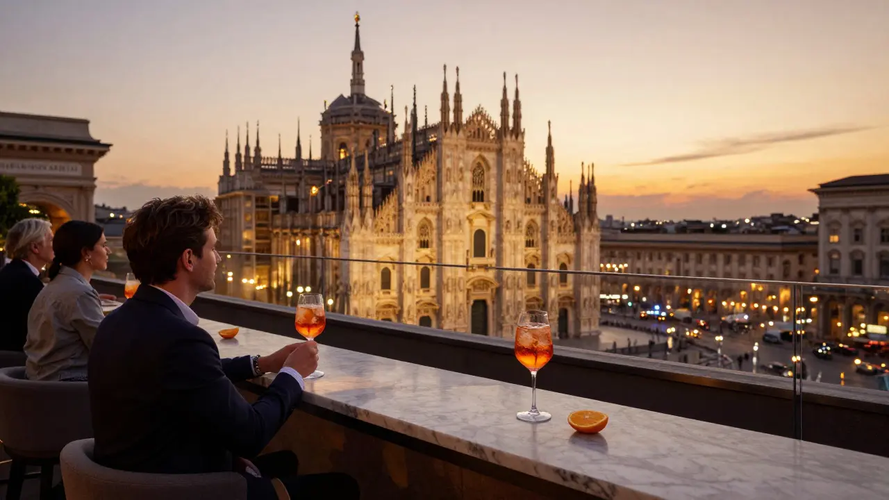 Elegant rooftop bar at sunset with city lights glowing below, patrons sipping Aperol Spritzs.