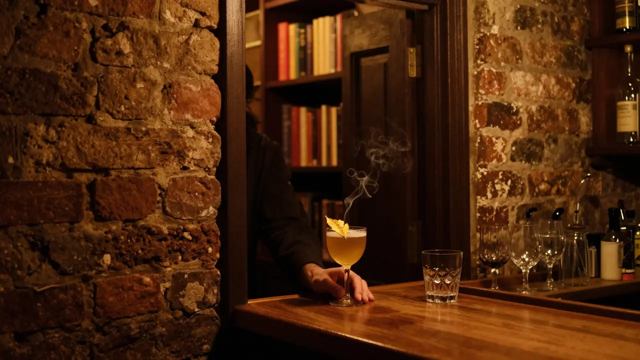 Hidden speakeasy entrance with bookshelf revealing amber light and a bartender pouring a golden cocktail.