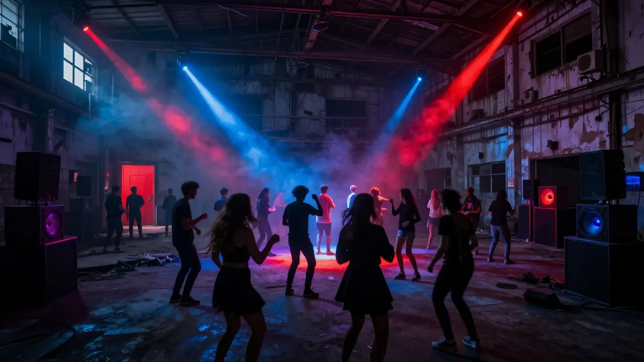 Industrial underground club at midnight with pulsing lights and dancers in smoke-filled space.
