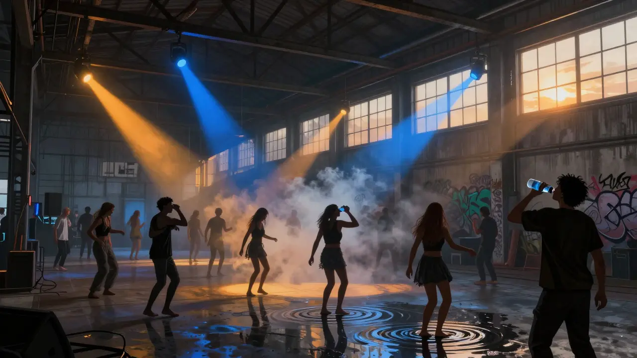 Industrial warehouse rave at OGR with glowing lights and dancers under sunrise skies.