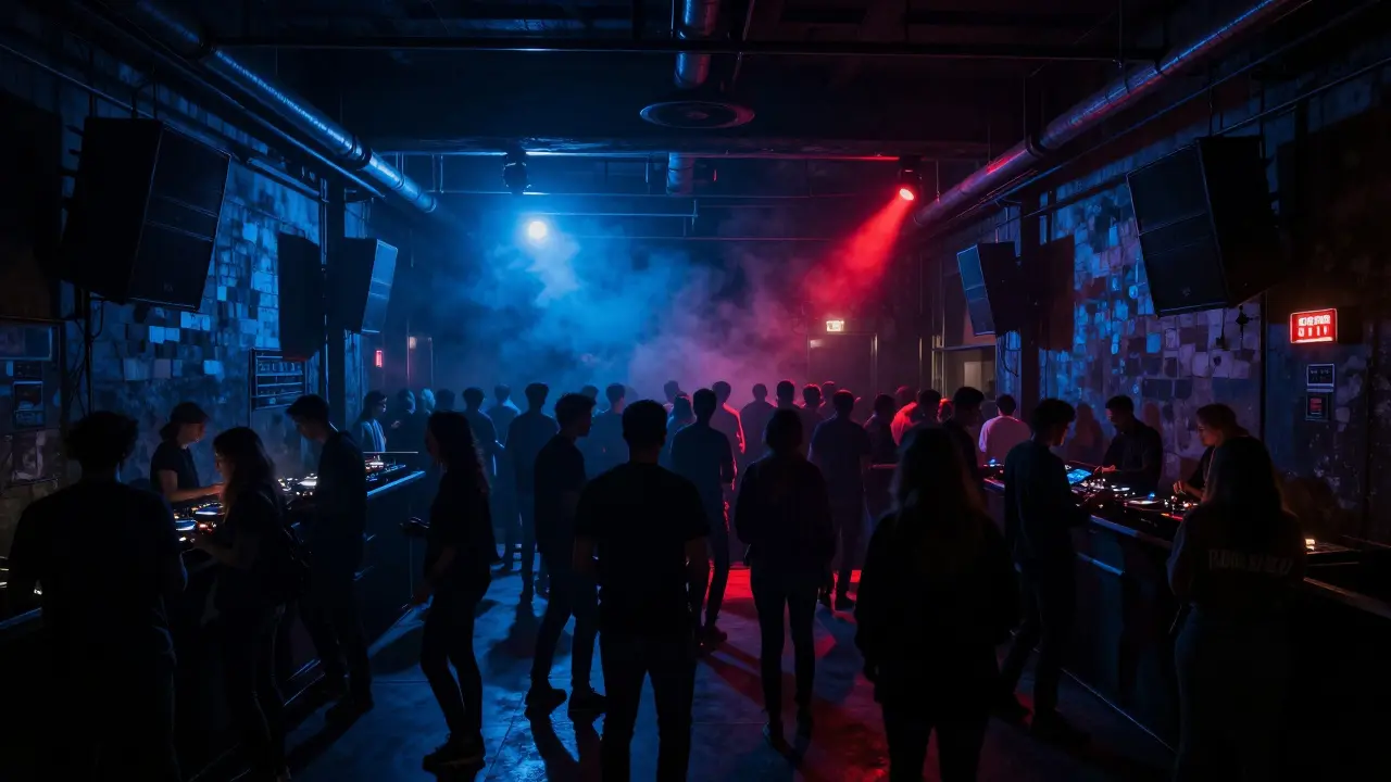 Inside Darsena nightclub, dancers moving under pulsing strobe lights in an industrial warehouse setting.