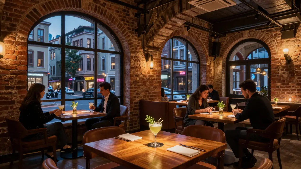 Interior of a trendy converted warehouse lounge with cocktails and city views.