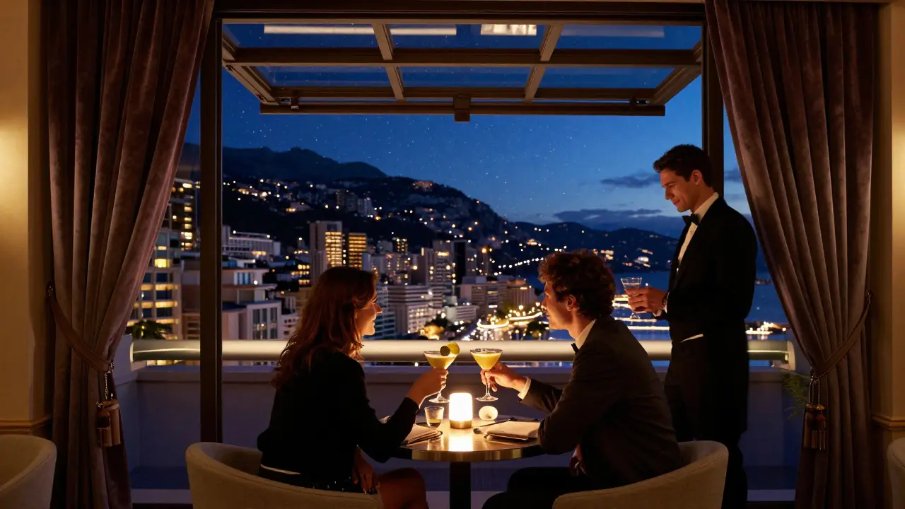 Intimate rooftop bar scene with two people toasting under stars, city lights twinkling below, soft ambient glow from windows.