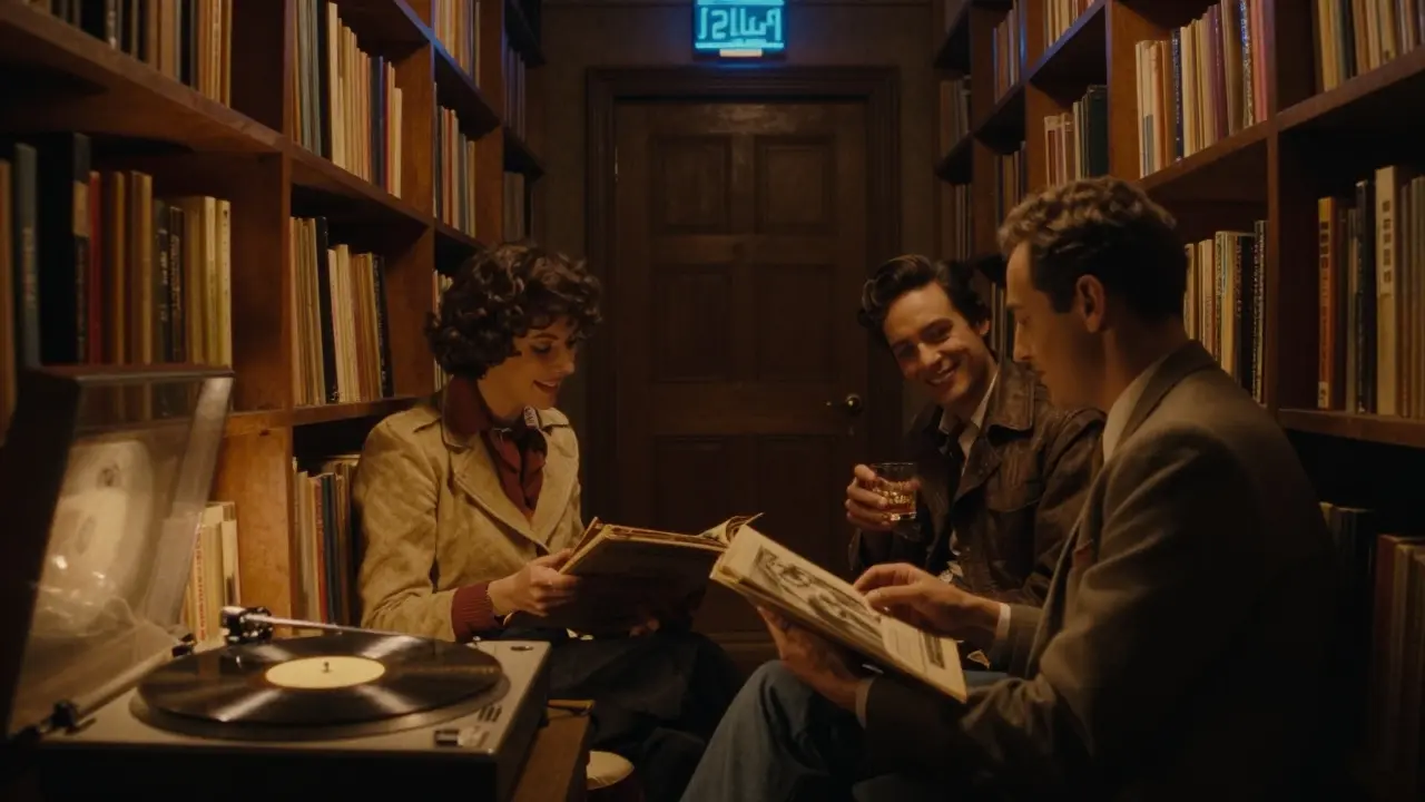 Intimate underground jazz bar with vinyl records, bookshelves, and two people deep in quiet conversation.