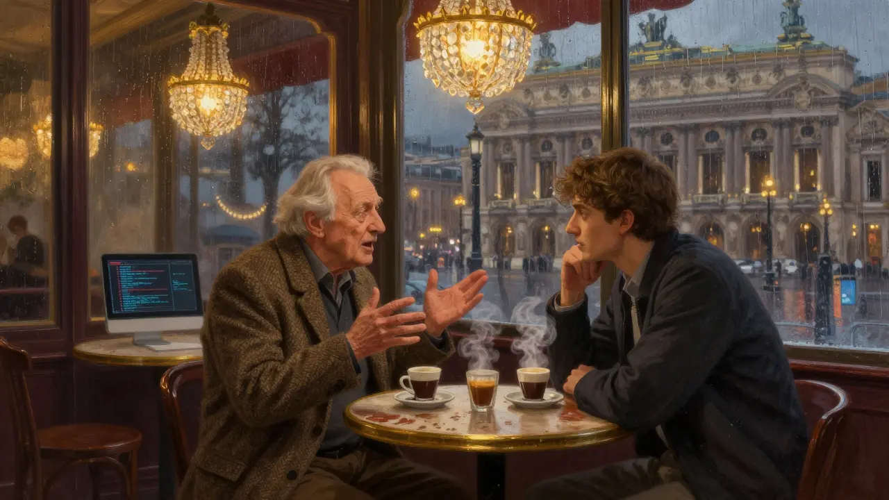 Late-night café scene with two patrons talking under chandeliers at 3 a.m.