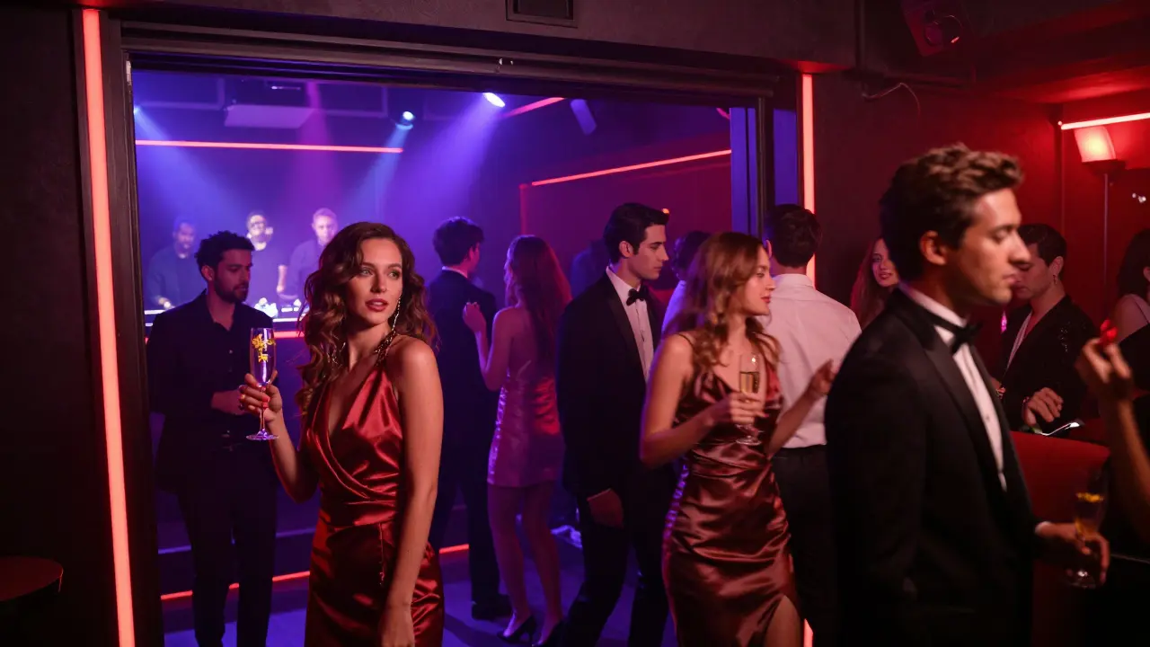 Ling Ling nightclub buzzing with neon lights, dancers, and gold-leaf cocktails under strobes.