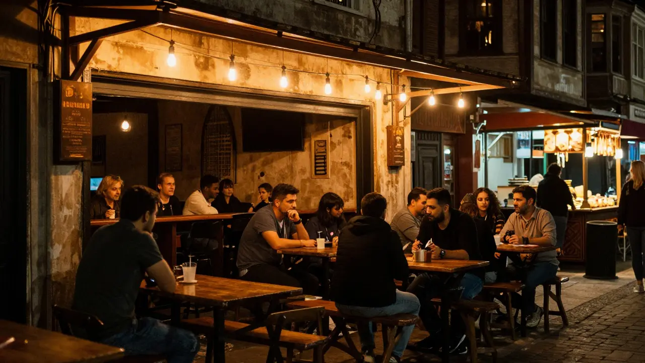 Lively bohemian street scene in Kadıköy with people dining at low tables.