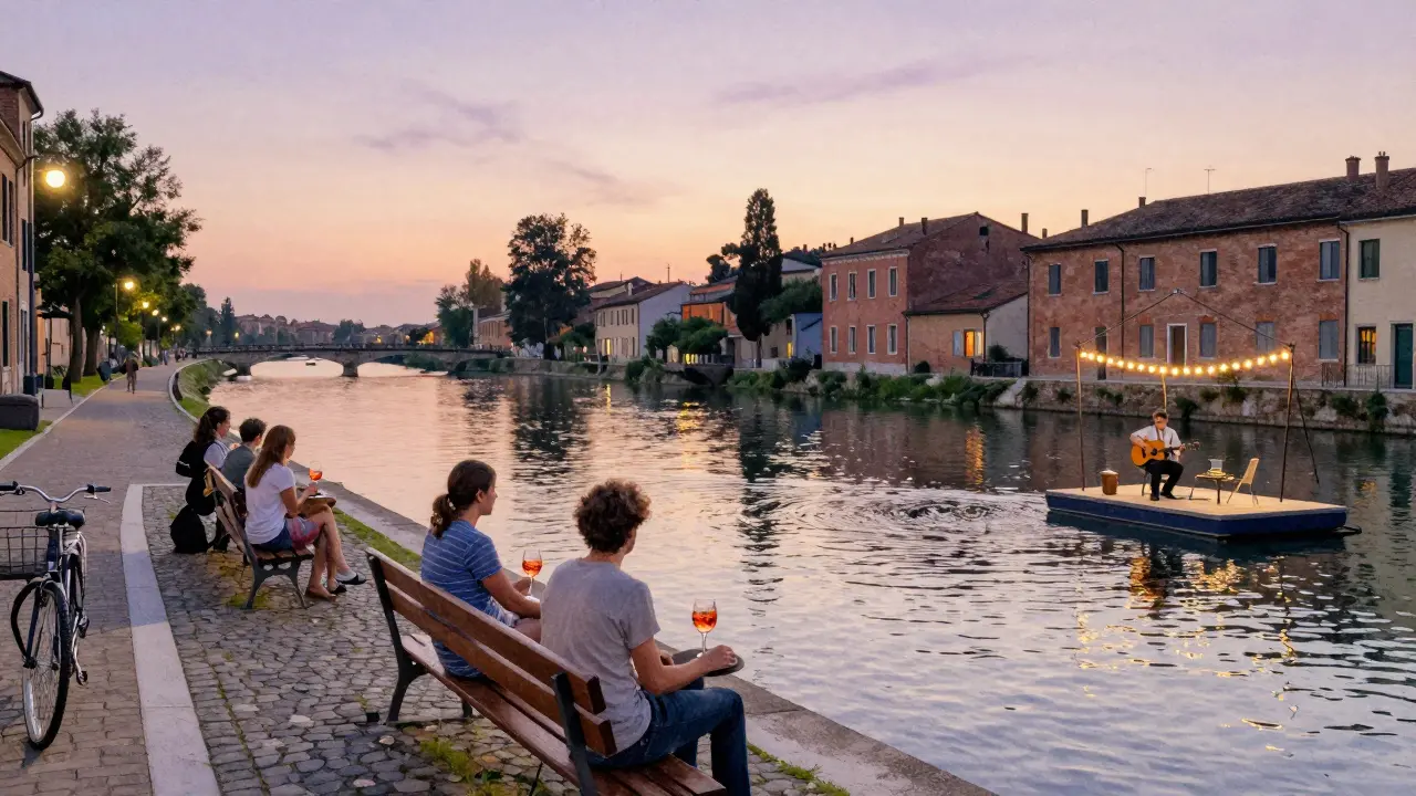 Locals relaxing by the Naviglio Grande canal at twilight, sipping drinks as a guitarist plays nearby.