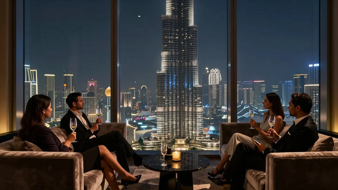 Luxury rooftop lounge with panoramic view of Burj Khalifa at night, guests in formal wear sipping champagne on velvet sofas.
