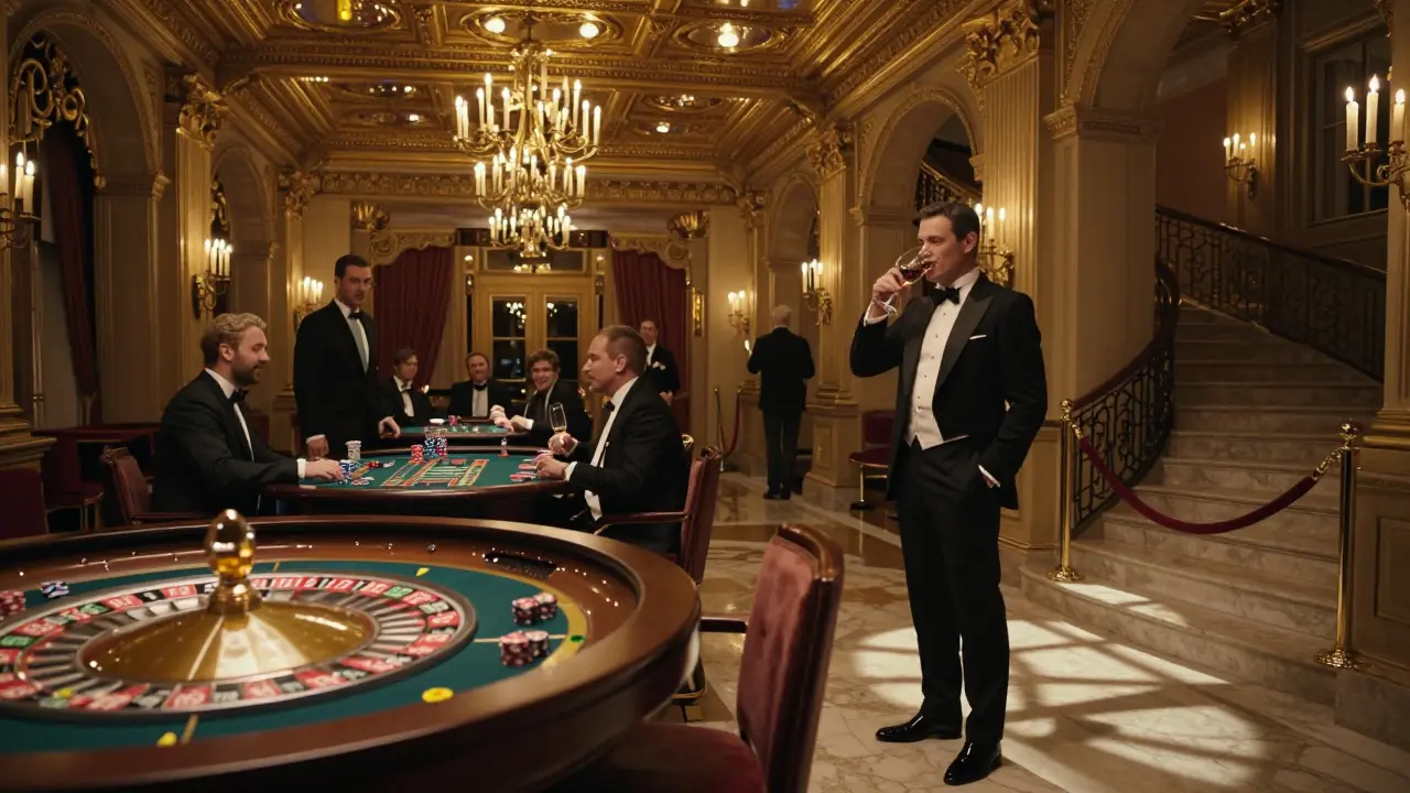 Opulent casino interior with gilded ceilings and guests enjoying champagne.