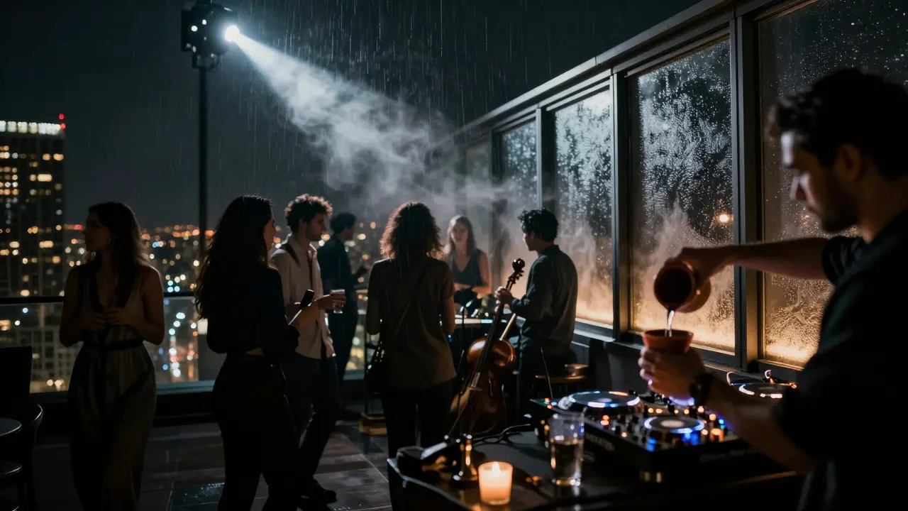 People dance on a foggy rooftop under a spotlight, blending electronic music with Emirati sounds.