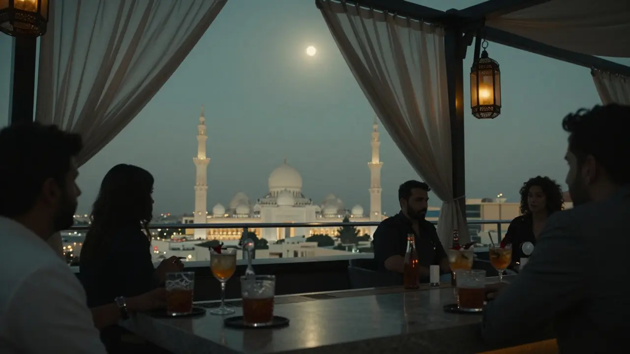 Rooftop bar at St. Regis with guests enjoying cocktails and the Sheikh Zayed Grand Mosque glowing in the distance.