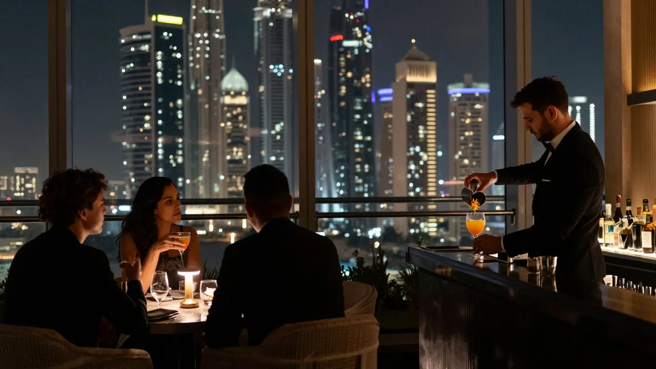 Rooftop bar with city lights visible through windows, guests sipping cocktails in quiet ambiance.