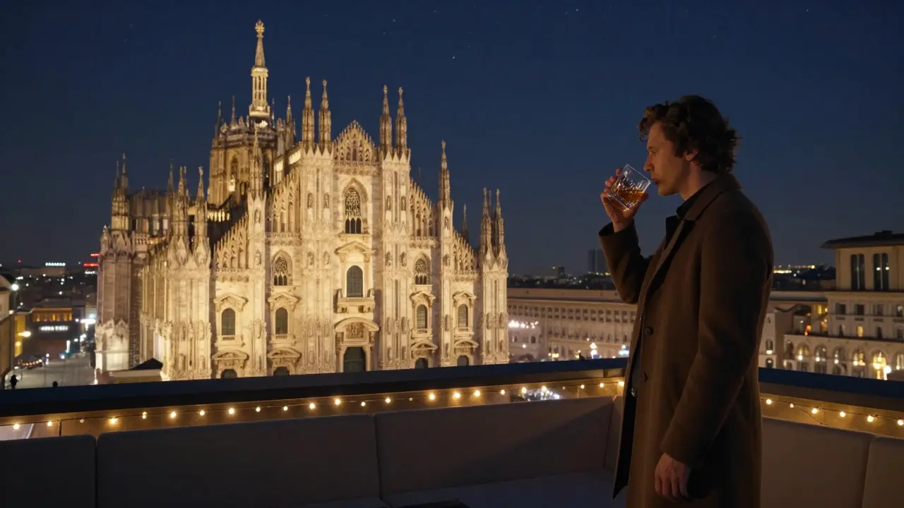 Rooftop view of Milan's Duomo at 2 a.m. with a solitary figure enjoying a drink.