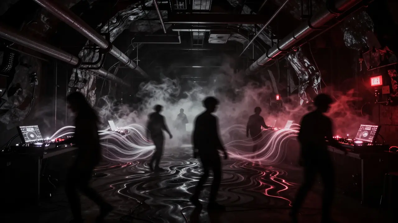 Silhouetted figures lost in motion under pulsing lights inside an underground techno club, with no visible faces or devices.