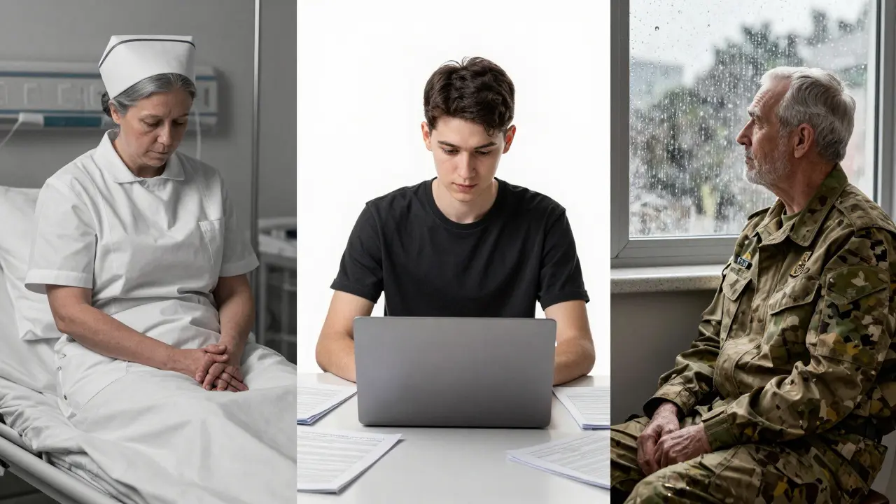 Three silent, anonymous figures connected by moments of compassionate presence.