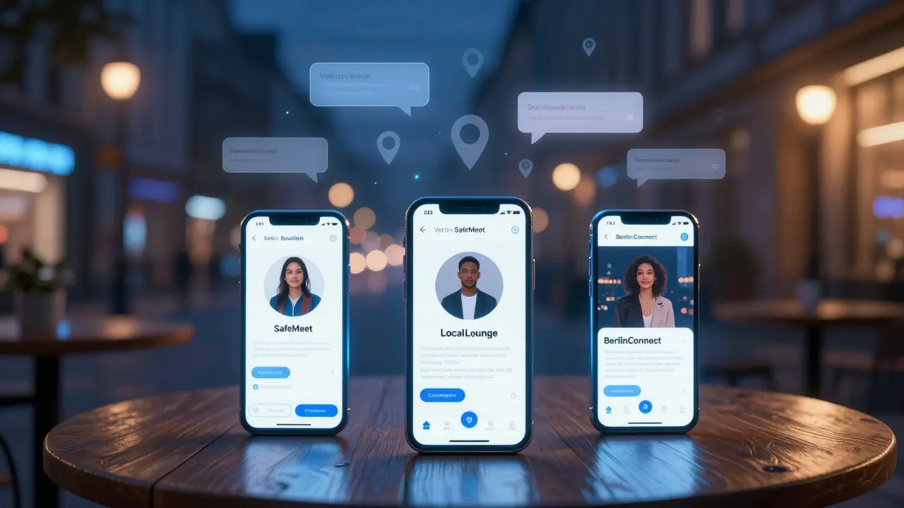 Three smartphone screens displaying verified escort service profiles with encrypted messages and payment confirmations floating above them in a Berlin setting.