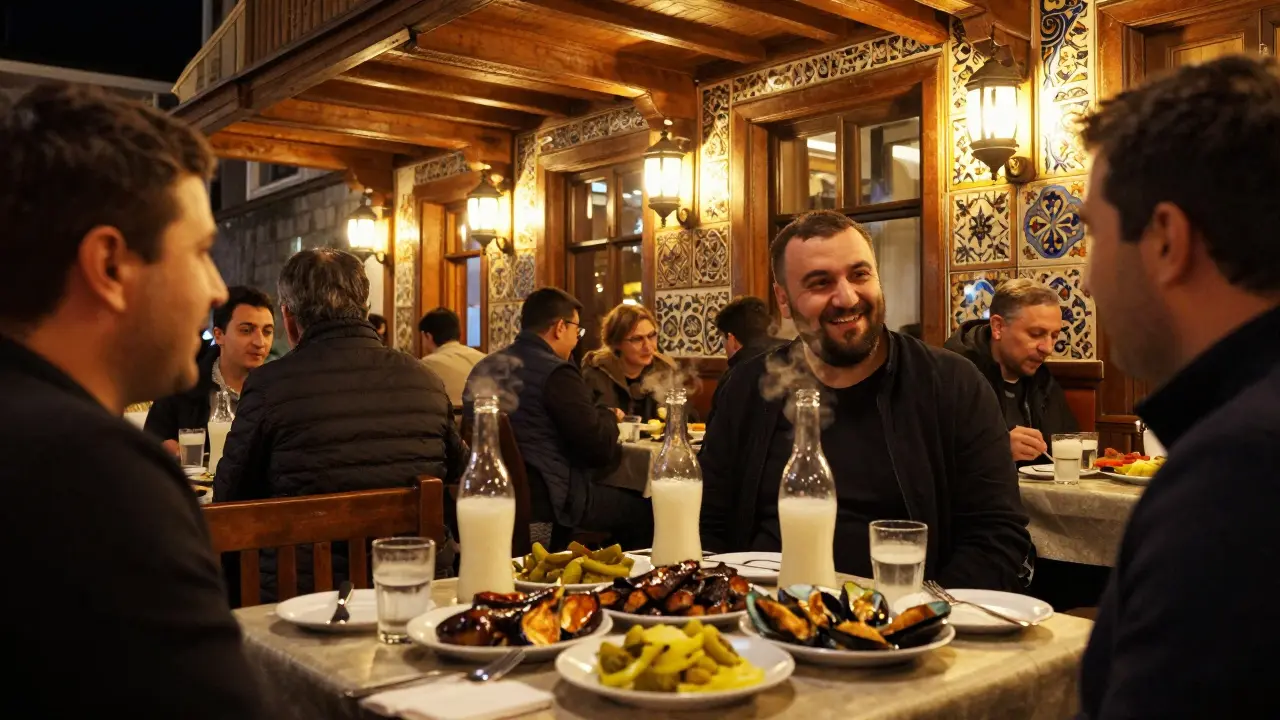 Traditional Turkish meyhane filled with meze plates and raki bottles, warm lantern light illuminating a lively dining scene.
