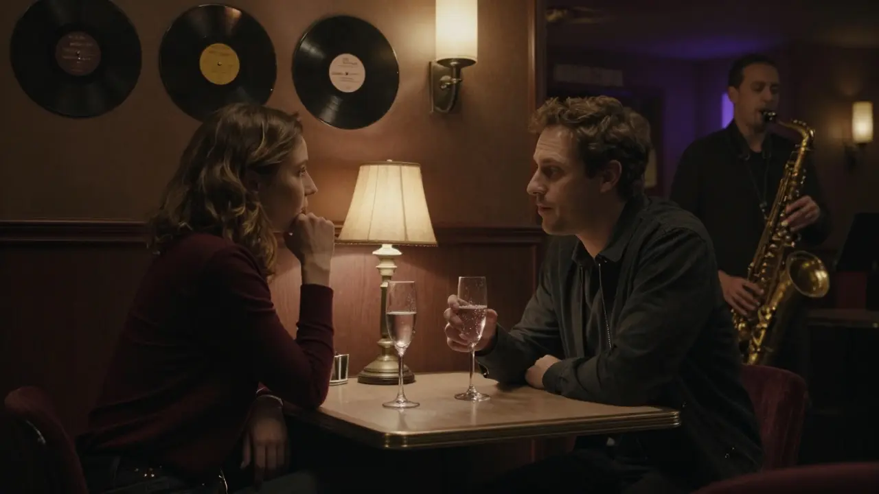 Two people enjoying a quiet moment in a dimly lit Berlin jazz club with live saxophone music.