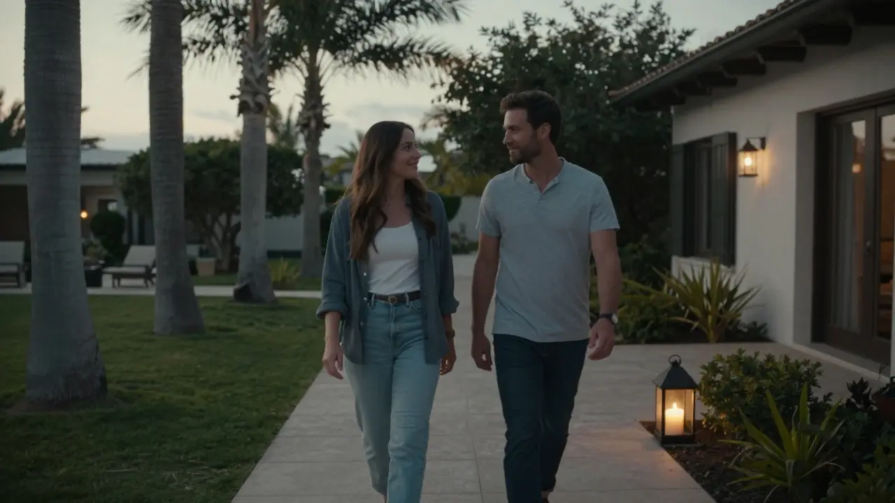 Two people walking peacefully through a private garden at twilight in Abu Dhabi.