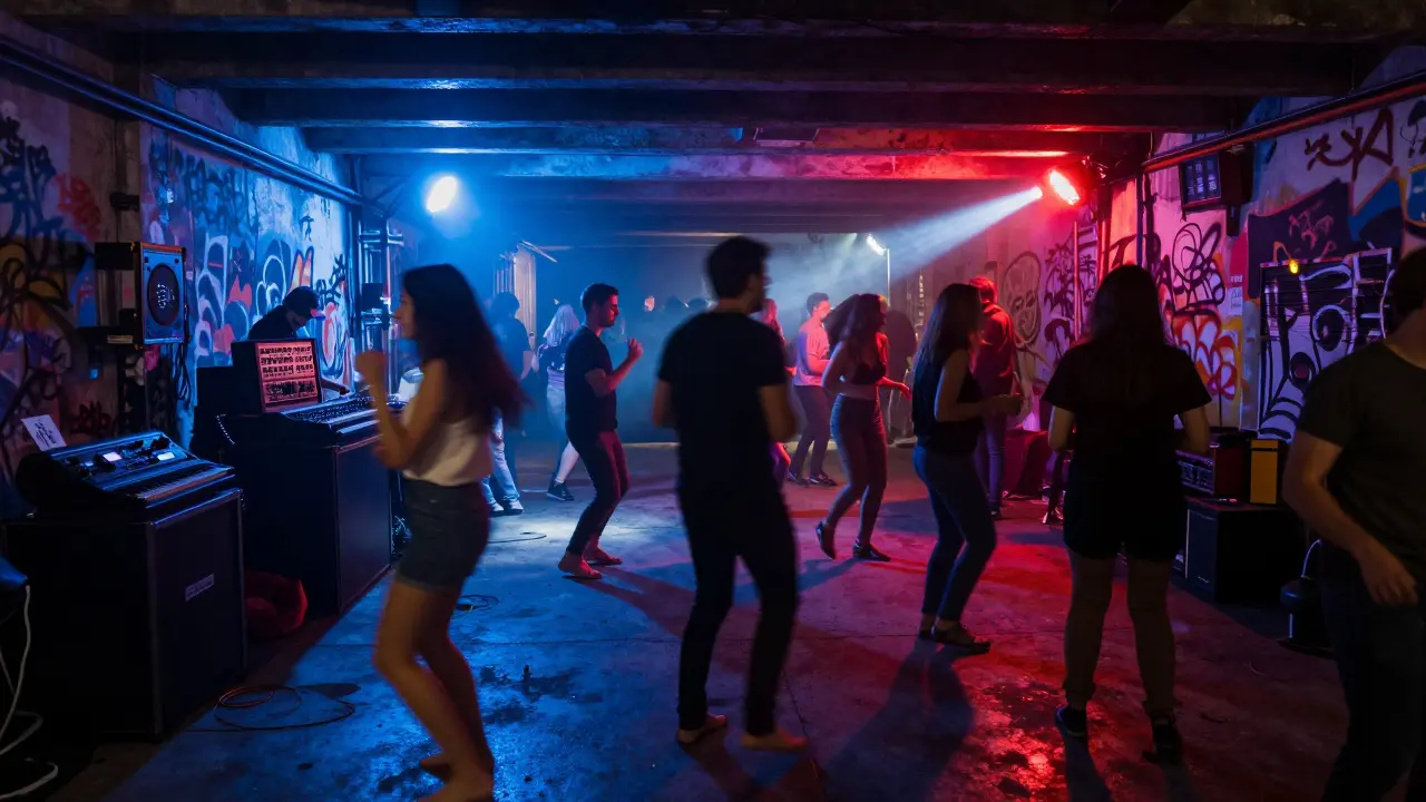 Underground club in Karaköy with pulsing neon lights and dancers in smoke-filled warehouse space, raw urban nightlife atmosphere.