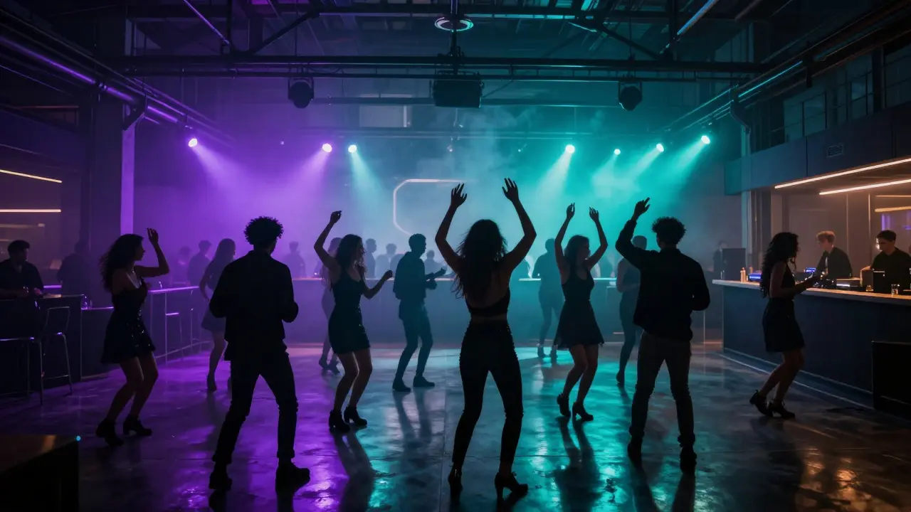 Vibrant nightclub interior with colorful lighting and crowd dancing on a wooden floor.