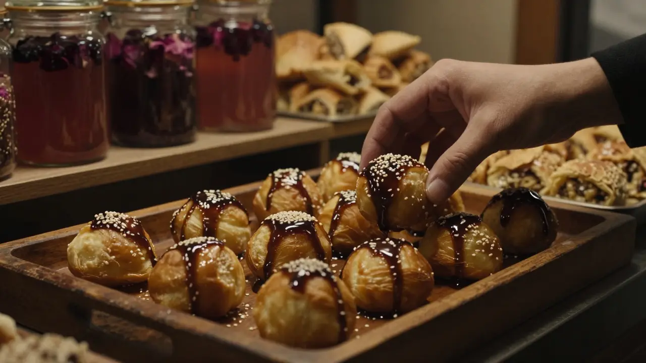 Warm luqaimat dough balls drizzled with date syrup, served at a quiet midnight bakery in Abu Dhabi.